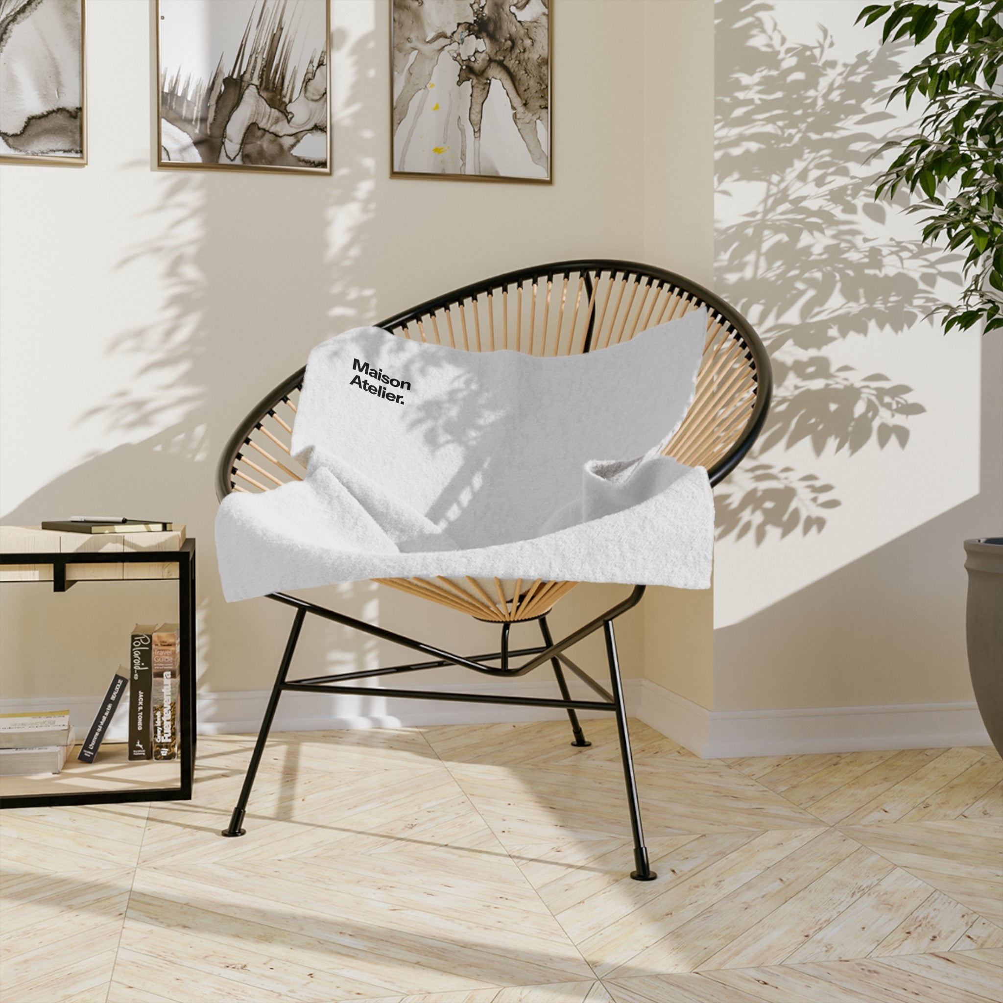 Maison Atelier. Velveteen Microfiber Blanket — Soft White Throw with Minimal Logo